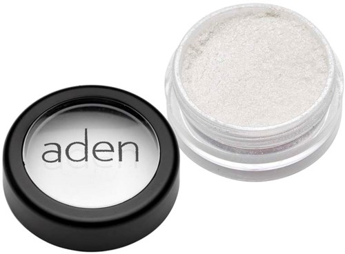 Small round container with white powder, and the lid has the word "aden" on it.