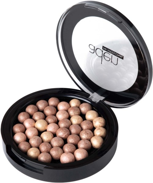 A round black makeup compact with a clear lid, filled with shiny, multicolored powder pearls.