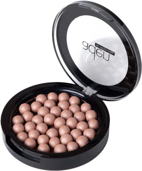 Een ronde zwarte make-upcompact met spiegel, gevuld met lichte parelachtige balletjes.