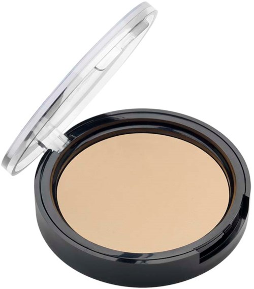 Een compacte met beige geperst poeder, zwarte behuizing en doorzichtige deksel. Het lijkt op make-up of gezichtspoeder.