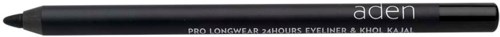 Ein schwarzer Make-up-Stift mit weißem Text, horizontal auf einem schwarzen Hintergrund liegend.