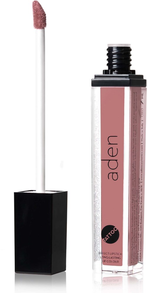 Fluid lippenstift in doorzichtige fles met zwarte dop en roze applicator.