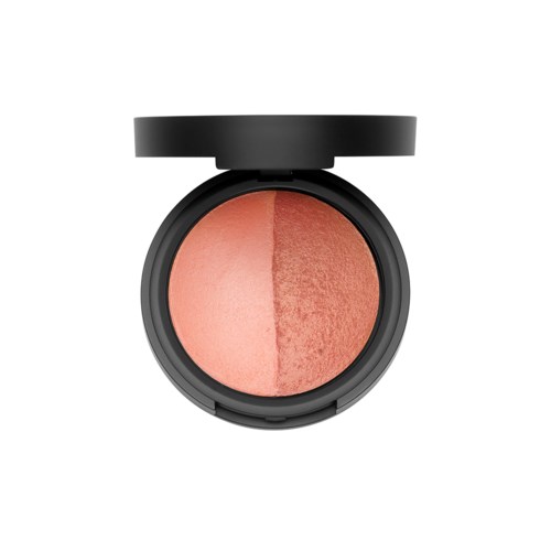 En kompaktil med to nyanser av blush, en lys og en mørkere, i et svart rundt deksel.