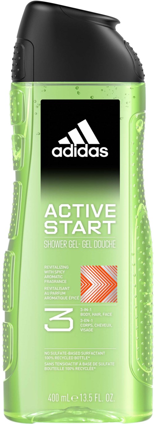 Een groen en zwart flesje Adidas Active Start douchegel met deksel en productinformatie op het label.