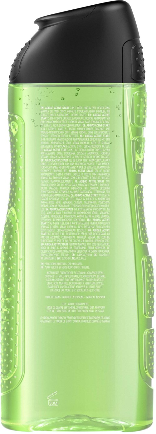 Een groene, doorzichtige waterfles met zwarte dop, tekst en ontwerpdetails op het oppervlak.