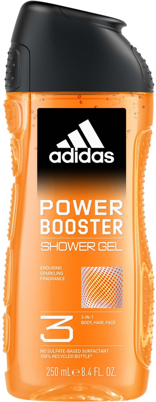 Een Adidas Power Booster douchegel fles, oranje kleur, met zwarte dop, en logo op de voorkant, 250 ml.