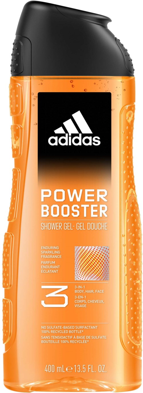 En orange och svart duschgelflaska med Adidas Power Booster-etikett och logga.
