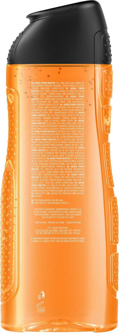 En lång, orange genomskinlig flaska med svart lock och texturerade greppytor. Innehåller text och symboler.