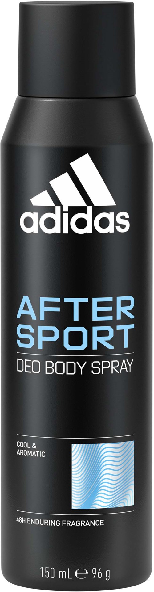 En svart boks med Adidas After Sport deodorant spray med hvit og blå tekst og logo.