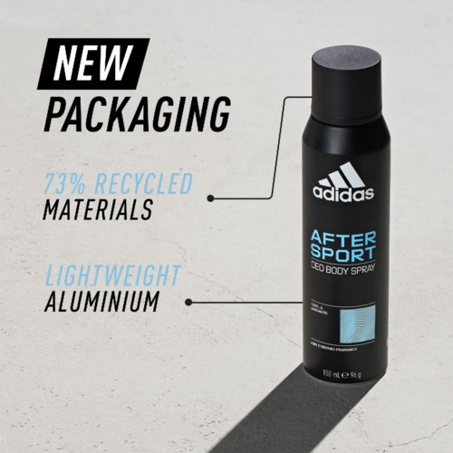 Tekst om Adidas etter-sport deodorant spray, med fokus på ny emballasje, resirkulerte materialer og lett aluminium.