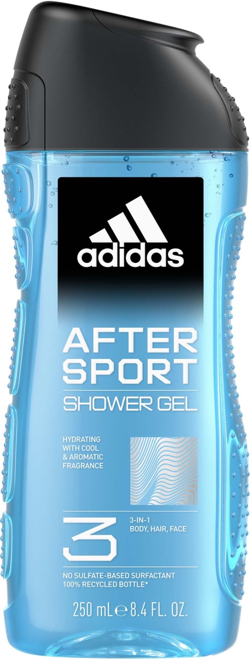 En blå duschgelflaska med svart lock, Adidas-logga och texten 'After Sport Shower Gel'.