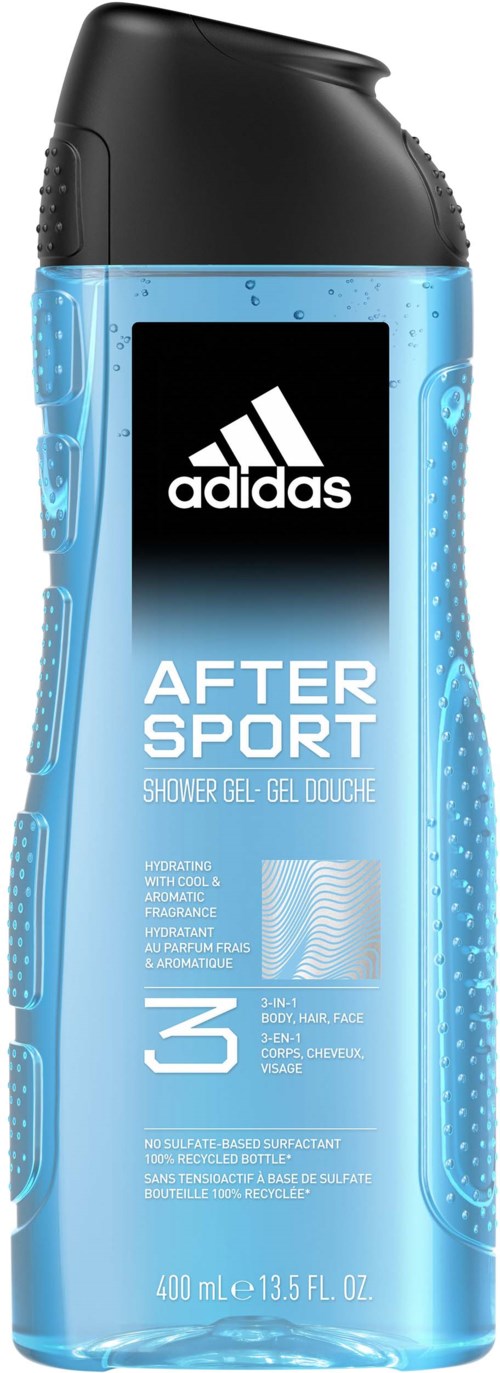 Eine blaue Duschegel-Flasche mit schwarzem Deckel und Adidas-Logo, gekennzeichnet 'AFTER SPORT' für nach dem Sport.