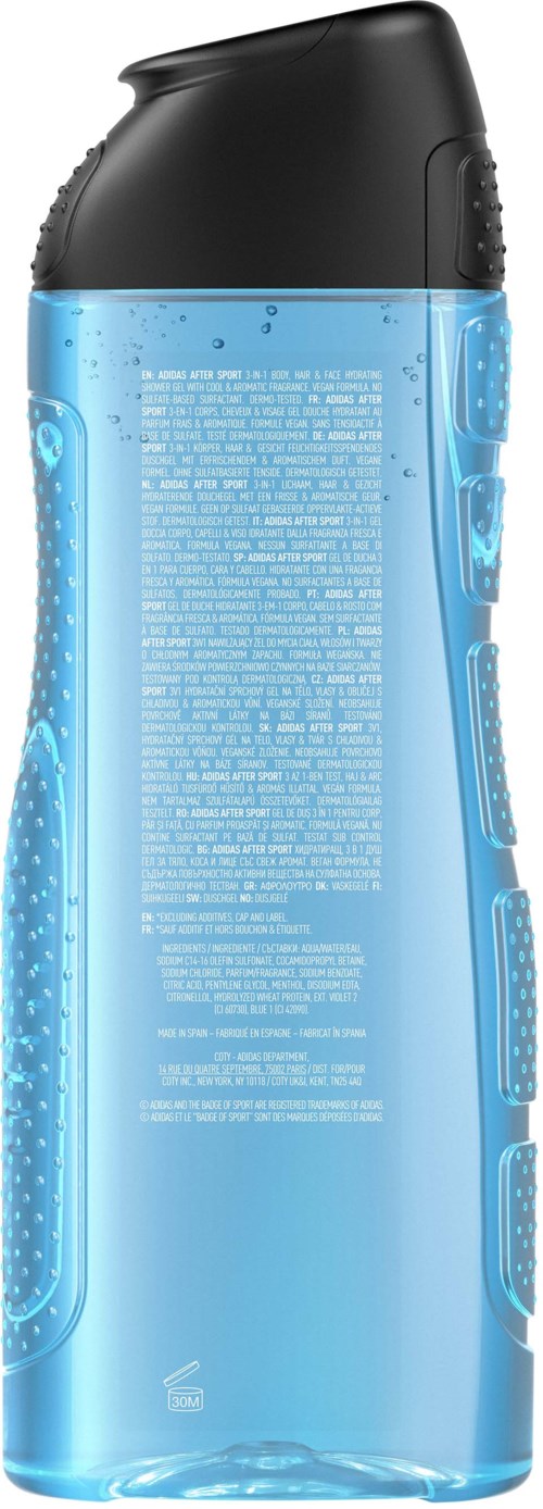 Eine blaue Flasche mit schwarzem Deckel, Wassertropfen auf der Oberfläche und weißen Text auf der Rückseite.