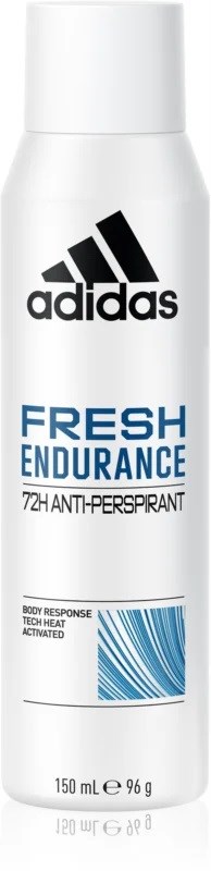 Biała butelka sprayu Adidas z czarnym i niebieskim tekstem, oznaczona Fresh Endurance 72H antyperspirant. Zawiera 150 ml.