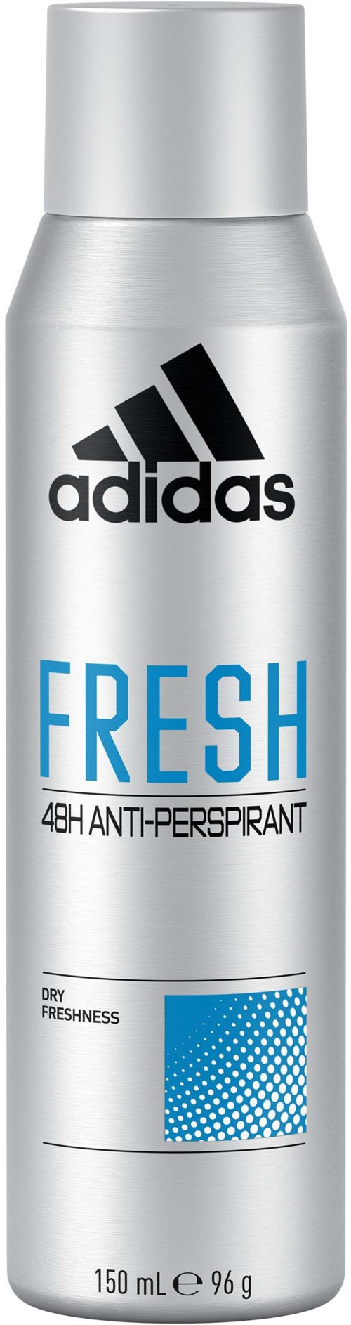 Srebrna puszka Adidas Fresh 48H antyperspirantu dezodorantu z czarnym logo i niebieską etykietą.