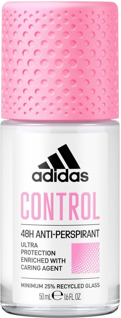 Een kleine witte fles Adidas Control-antitranspirant met een roze dop en label, rechtopstaand.