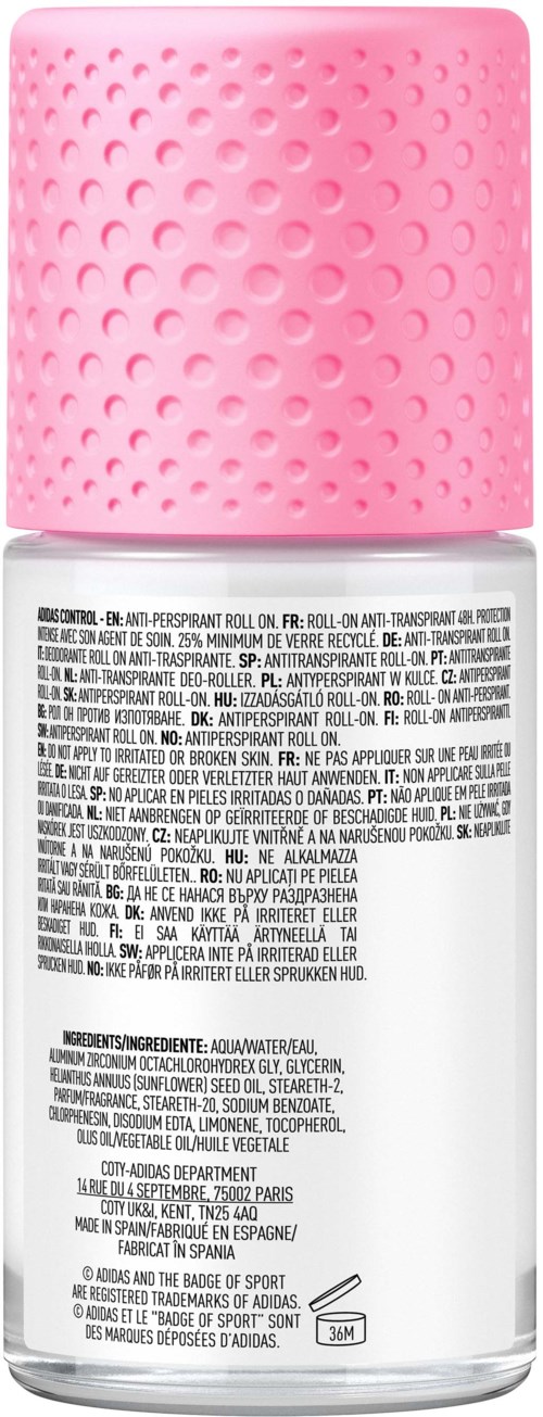 Een witte fles met een roze, getextureerde dop. De fles heeft zwarte en witte tekst, waarschijnlijk productinformatie.