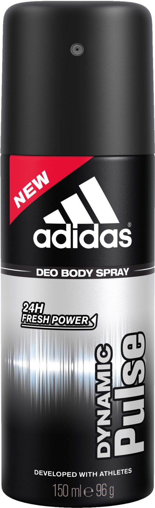 En svartvit sprayburk med Adidas-logotyp, märkt som deodorant för kroppsspray med frisk kraft, varar i 24 timmar.