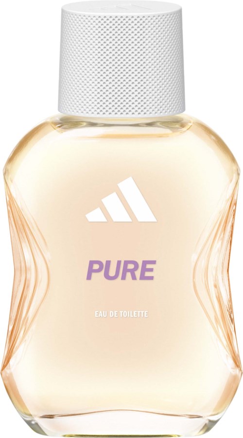 Adidas Pure Eau de Toilette hajuvesipullo, valkoinen kansi ja persikan värinen neste.