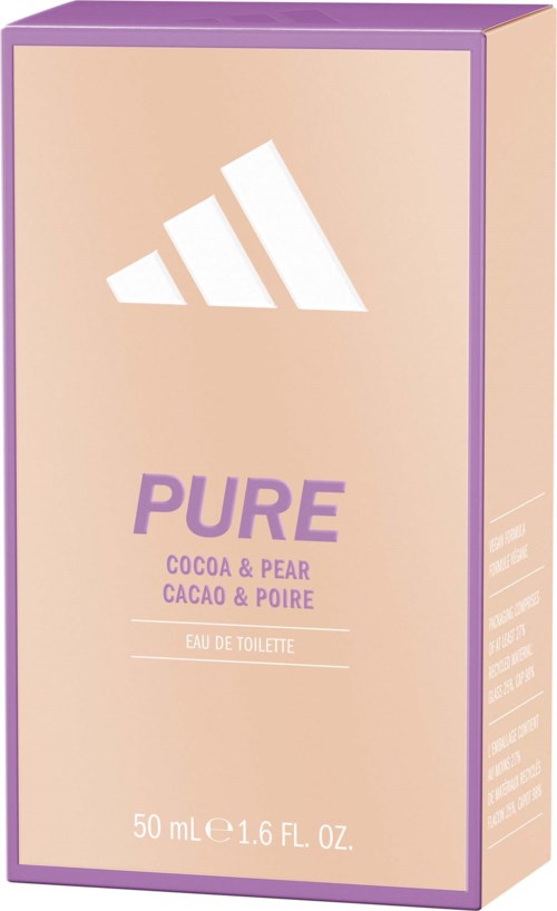 Adidas Pure Cocoa & Pear tuoksupakkaus vaaleanpunaisessa sävyssä, violetit yksityiskohdat ja logo.
