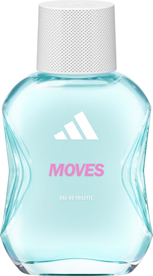 Vaaleansininen hajuvesipullo, jossa on valkoinen korkki, Adidas-logo ja sana Moves, eau de toilette.