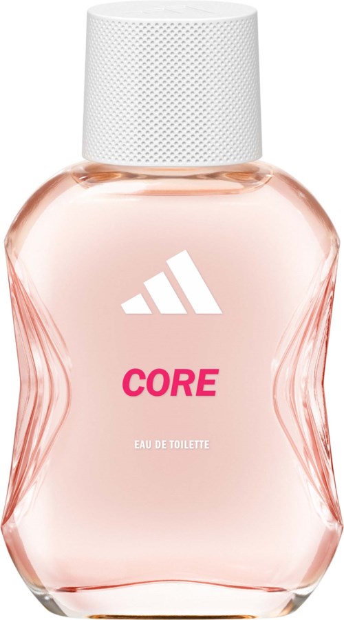 Vaaleanpunainen hajuvesipullo, jossa valkoinen korkki, Adidas-logo ja teksti CORE EAUX DE TOILETTE.