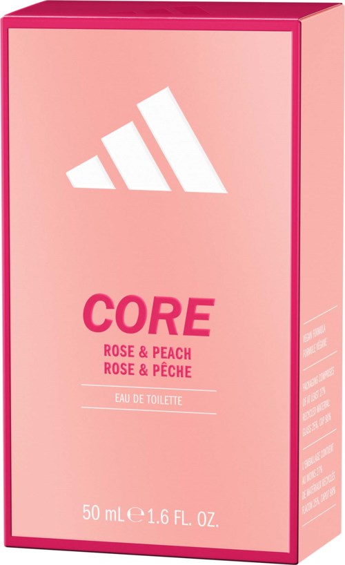 Ruusukullan värinen rasia Adidas Core Rose and Peach Eau de Toilette -tuoksulle, jossa valkoinen logo ja teksti.