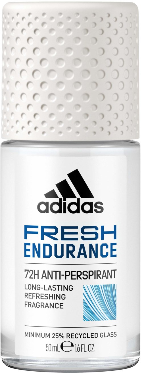 Een witte Adidas Fresh Endurance deodorantfles met geperforeerde dop, label toont 72H antitranspirant, 50 ml.