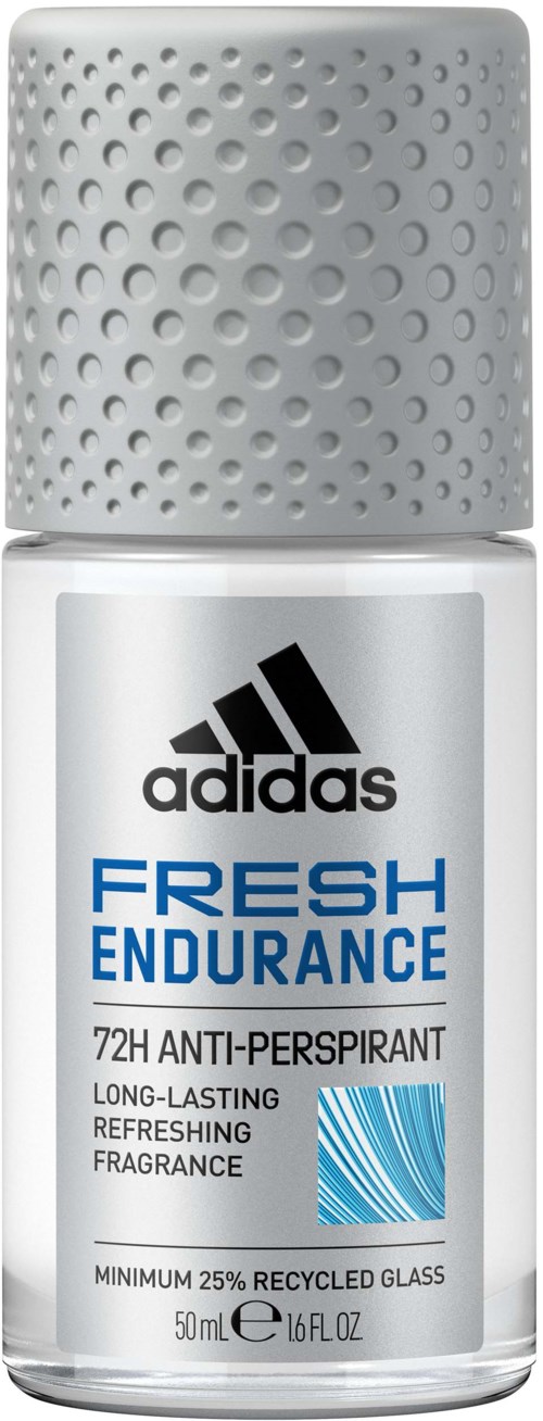 Mała biała butelka roll-on z dezodorantem Adidas Fresh Endurance, szara nakrętka, z informacjami o marce i produkcie.