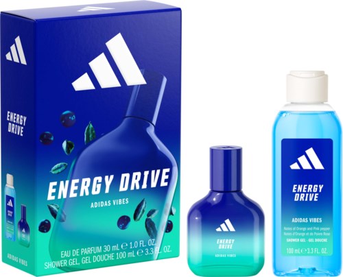 Adidas Energy Drive parfymset med en blå flaska, duschgell och box med Adidas-logotyp och produktnamn.