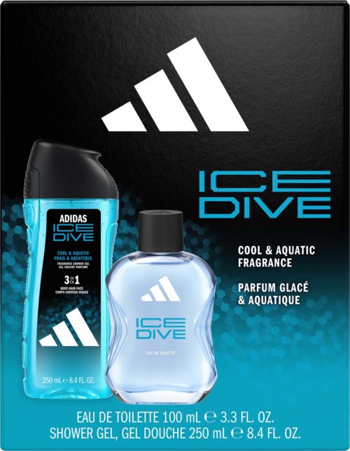 Adidas Ice Dive duschtvål och eau de toilette i blå flaskor mot en svart bakgrund, branding och produktdetaljer.