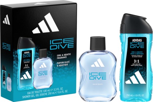 Adidas Ice Dive parfymset med 100 ml, duschgel 250 ml och deodorantspray 250 ml i blå flaskor.