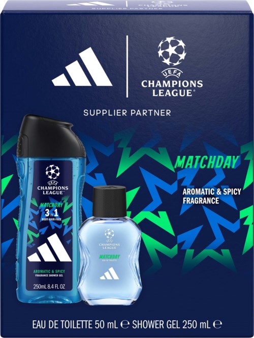 UEFA Champions League NFL-gåvoset med duschgogel och eau de toilette i blå och svart förpackning med logotyper.