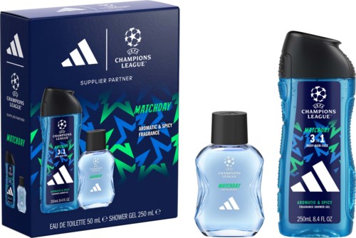 Champions League-tema duschgel och deodorantsats med Adidas-logga och blå och gröna design.