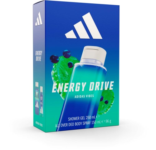 Blå shower gel-flaska med vit lock och gröna fruktillustrationer, text som säger Energy Drive Adidas Vibes, 250 ml.