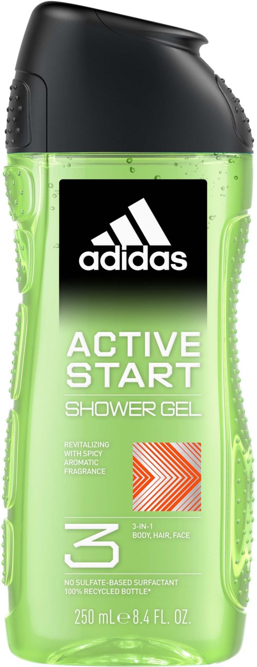 Vihreä ja musta Adidas suihkugeelipullo, 250ml, 'Active Start', vaahtoja ja nuolia sisältävä.