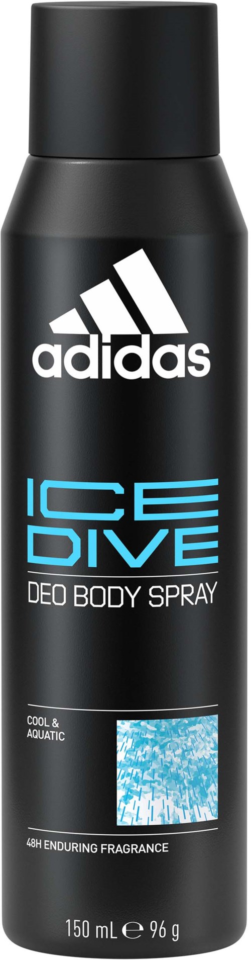 Svart sprayboks med hvit og blå tekst, merket Adidas Ice Dive deodorant, 150 ml.
