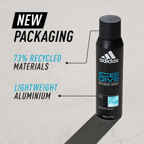 En svart sprayboks med Adidas Ice Dive kroppsspray, ny emballasje, laget av 73 % resirkulerte materialer, lett aluminium.