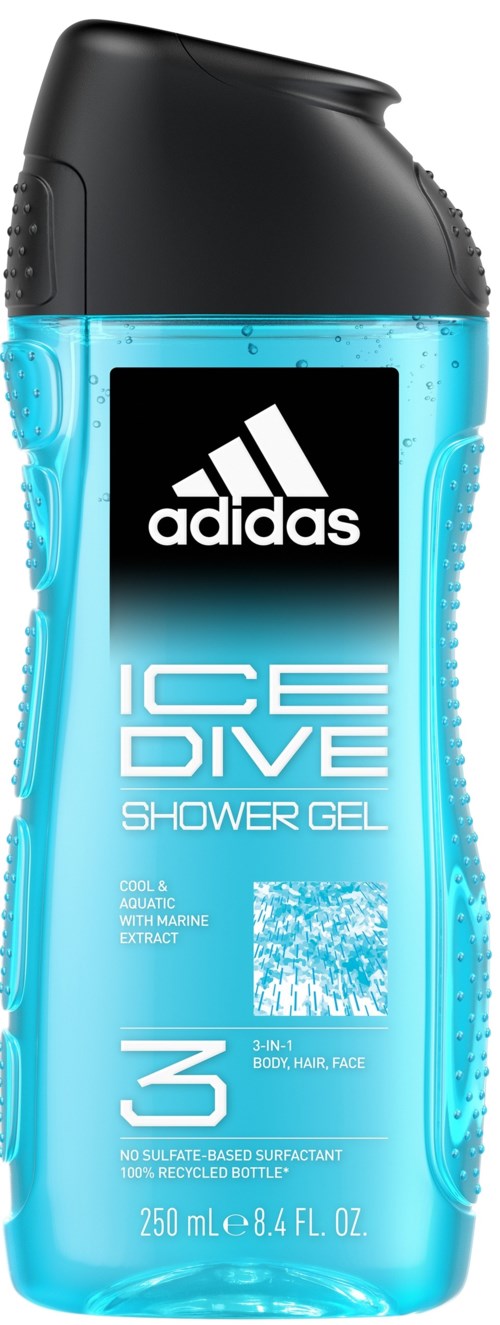 Een blauwe Adidas Ice Dive douchegel fles met zwarte dop, gemarkeerd als 3-in-1 voor lichaam, haar en gezicht.