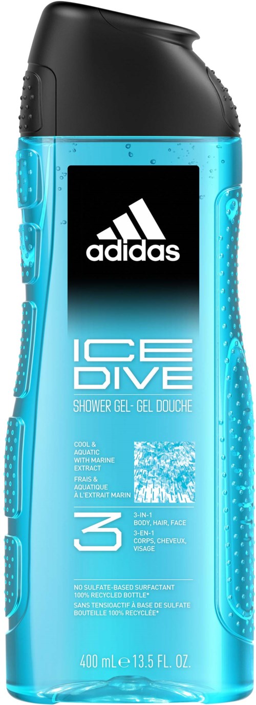 Blue shower gel bottle with black cap, Adidas logo, and 'Ice Dive' label.