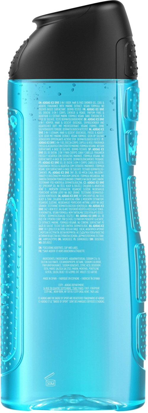 A tall, transparent blue bottle with a black flip-top lid. Text appears on the bottle's label. It seems to hold liquid.