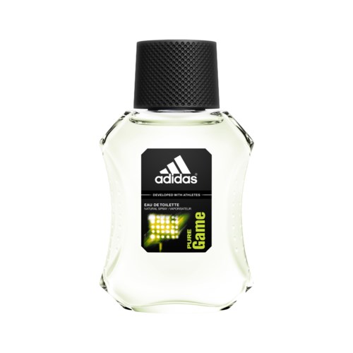 En klar parfymeflaske med svart lokk, Adidas-logo og grønn og svart etikett som sier 'Pure Game'.