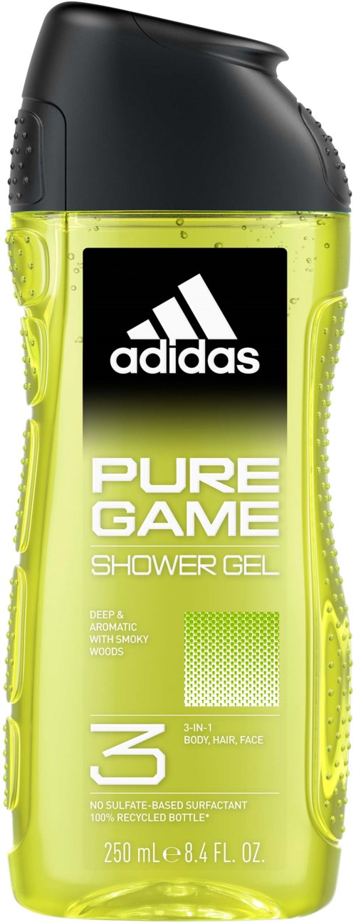 Een felgele fles met een zwarte dop, labeled 'Adidas Pure Game Shower Gel,' 250 ml.
