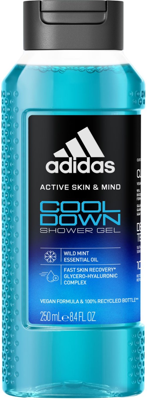 Een blauwe fles Adidas Cool Down douchegel met een zwart deksel, 250 ml. Voor verkoelende huid en geest.