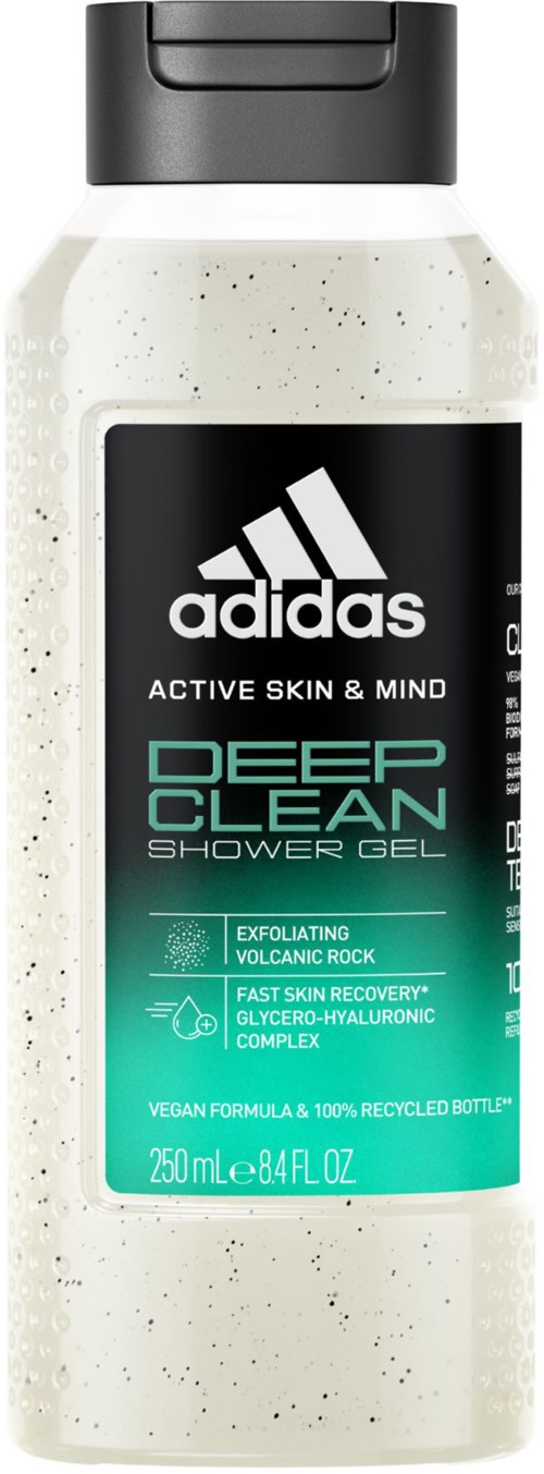 Een witte fles met zwarte dop, met label Adidas Deep Clean Shower Gel, 250 ml, met groene en zwarte tekst.