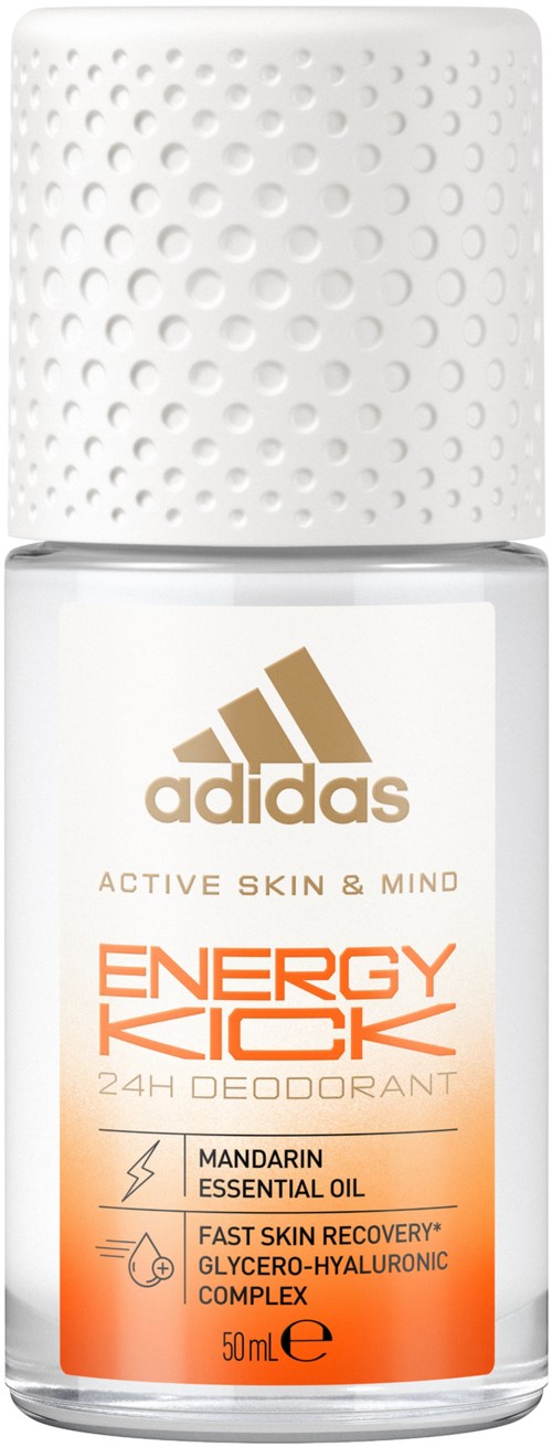 Een witte deodorantfles met goudkleurige en oranje labels, en een getextureerde dop. Het is gemarkeerd als Adidas Energy Kick.