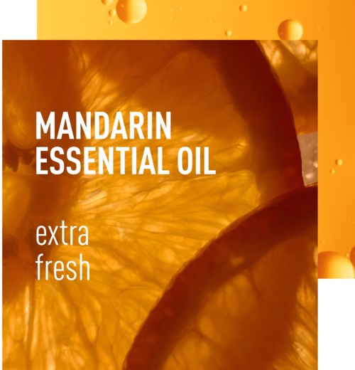 Etiket voor mandarijn essentiële olie met afbeelding van gesneden mandarijnen en bellen.