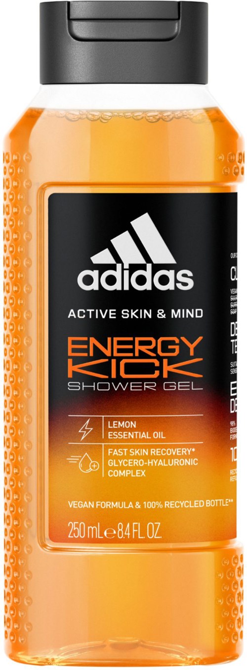 Een douchegelfles in zwart, oranje en wit. Met een zwarte dop en label genaamd Adidas Energy Kick.