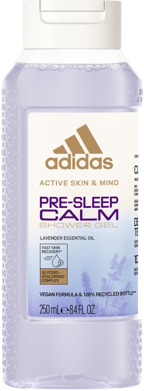 Doorzichtige fles met witte dop, paarse vloeistof, en een label met Adidas, Pre-Sleep Calm, lavendelolie.