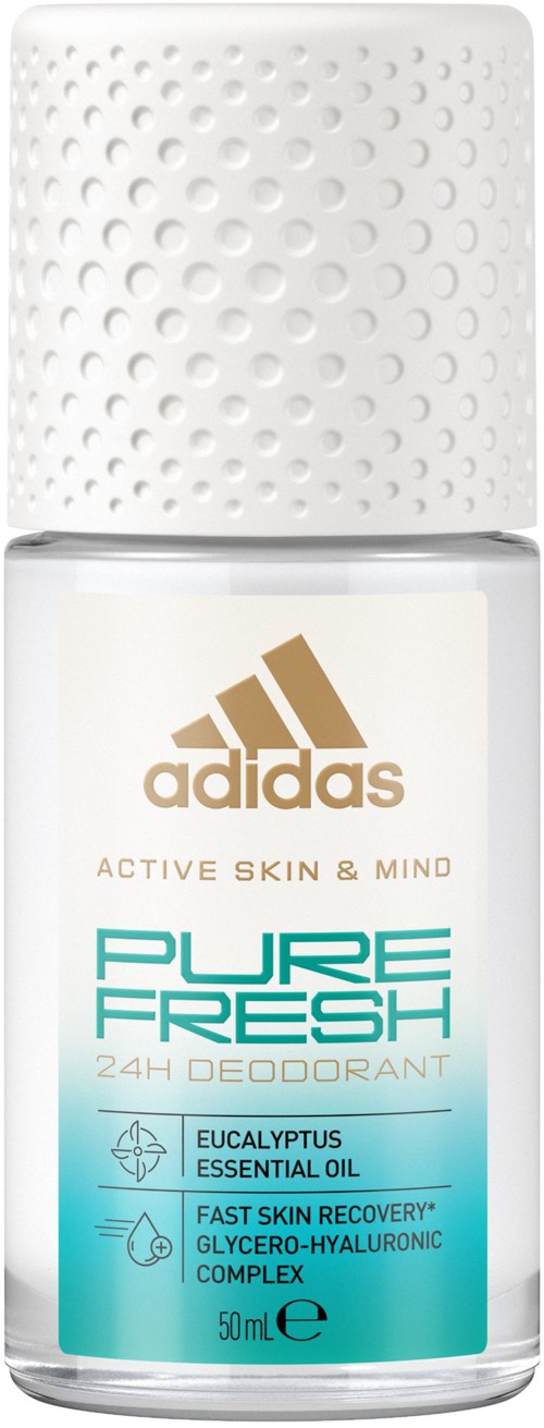 En hvit deodorantflaske med teksturert lokk, merket Adidas PURE FRESH 24H deodorant, eukalyptusolje og hudgjenopprettende ingredienser.